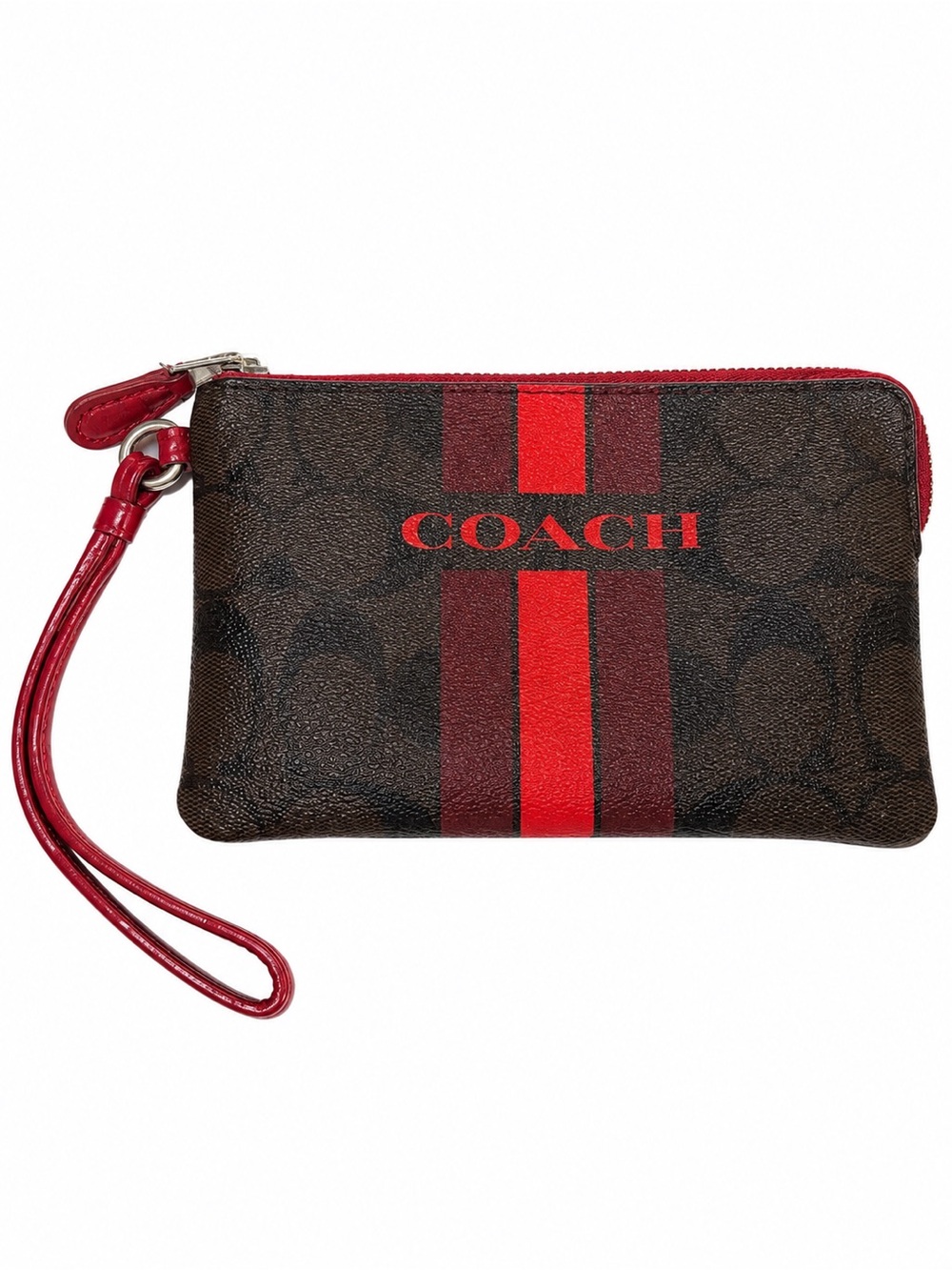 Coach signature Black Pouch with Red Varsity Stripe wristlet wallet logo zip